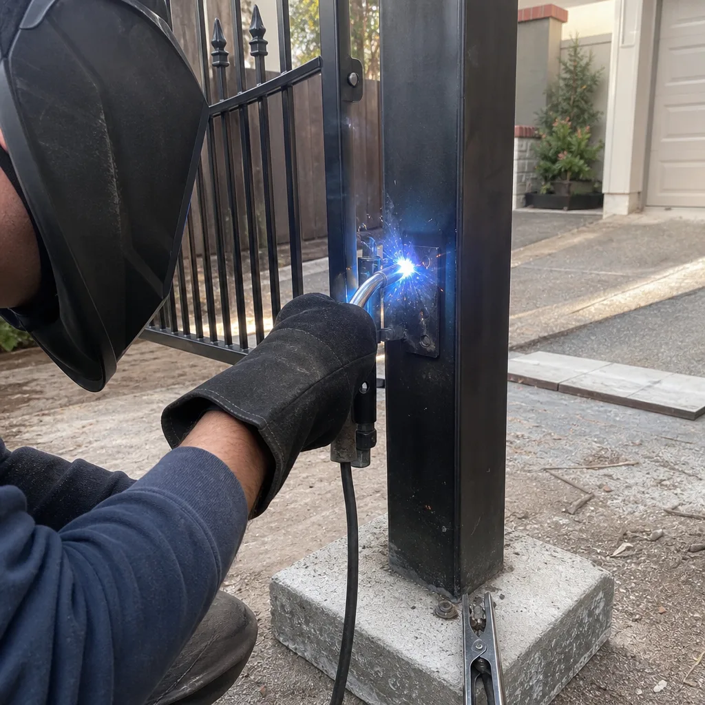 Professional welder performing metal gate installation and hinge repair