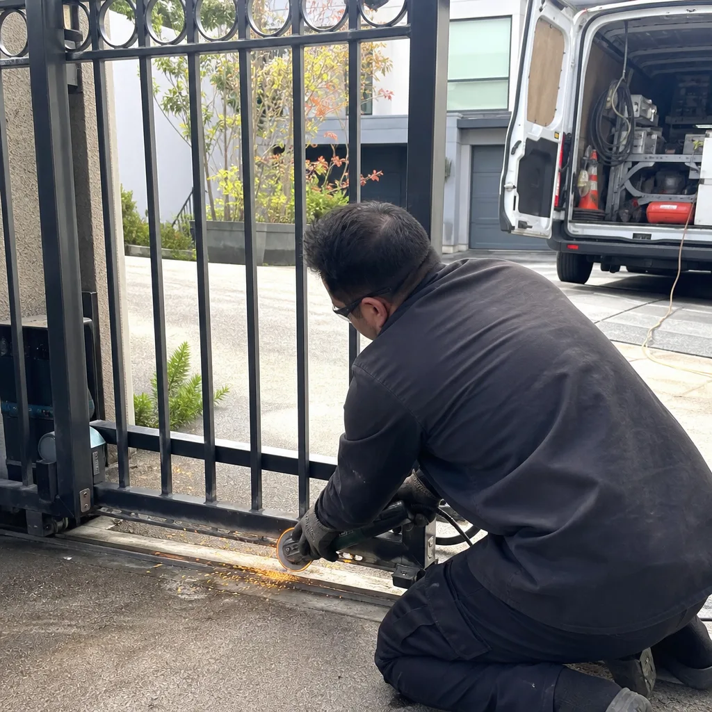Technician using an angle grinder for metal gate track repair
