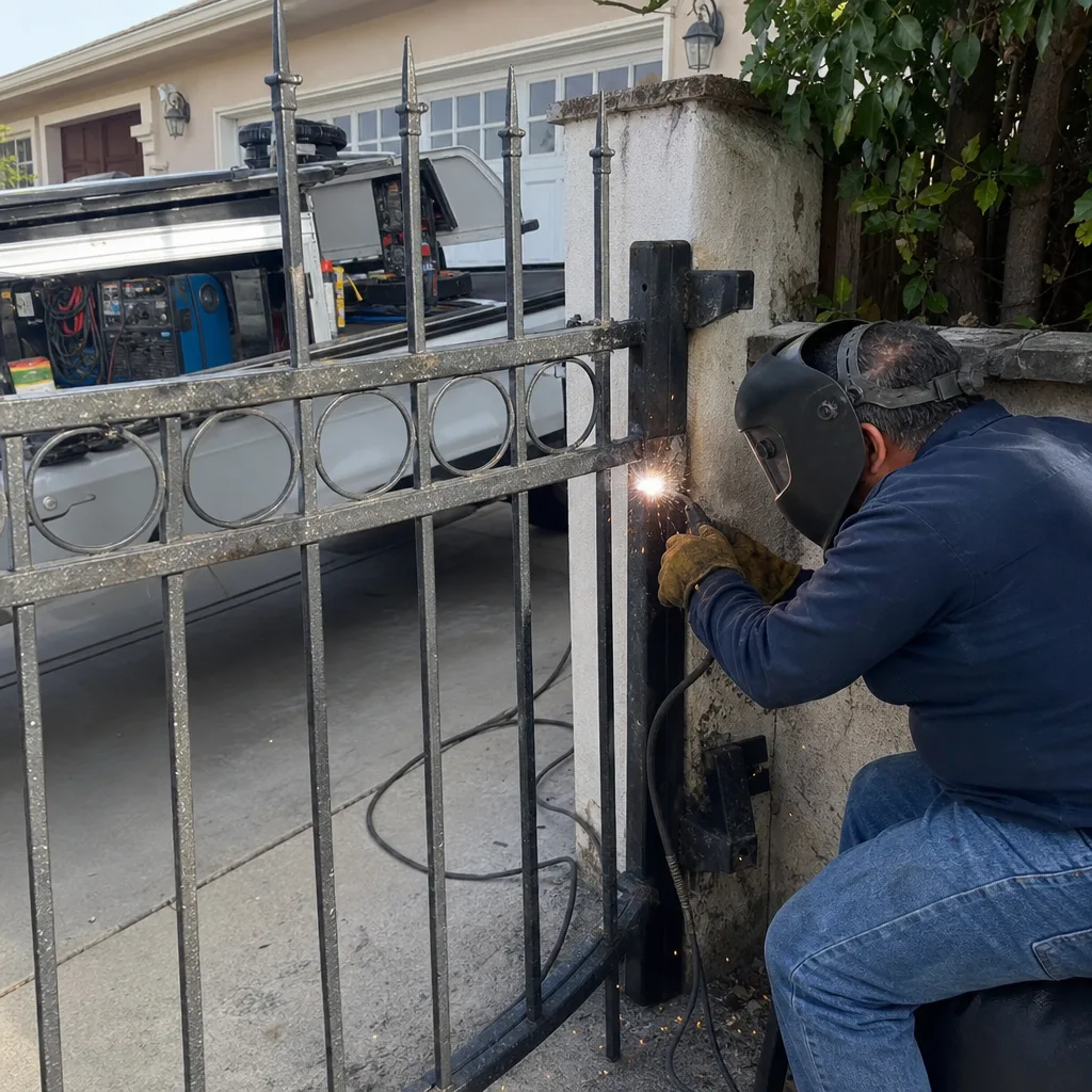 professional welding a metal driveway gate hinge